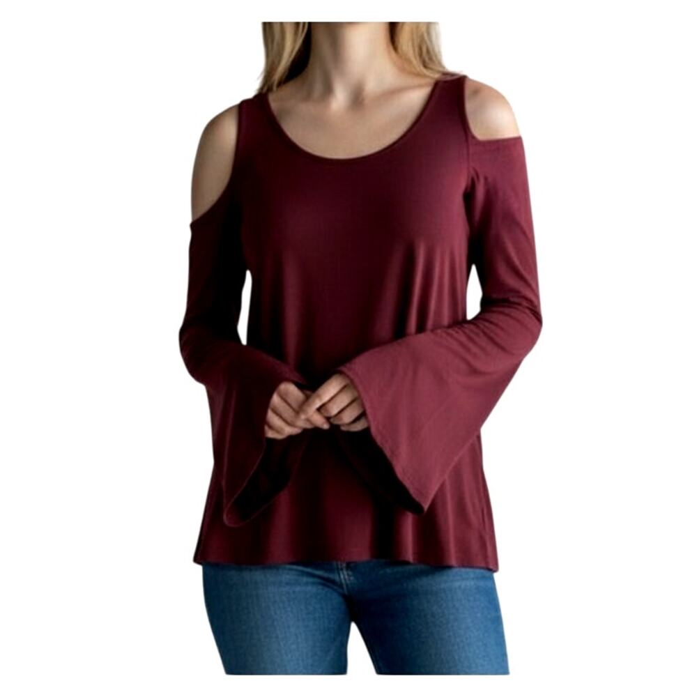 Aeropostale Women's Medium Burgundy Long Bell Sleeve Solid Cold Shoulder Top